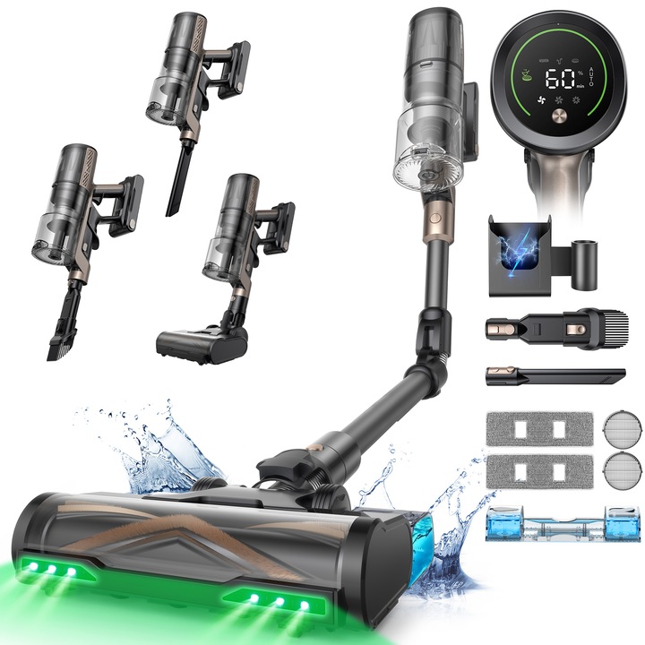 Aspirator vertical fara fir Proscenic P20 OnePass, Ecran LED digital, 680 W, 70KPa, suport de perete cu incarcare, baterie detasabila 8*2000 mAh, autonomie 70 min, filtrare 99.99%, capaitate 0.85 L, rezervor apa 340 ml, perie cu iluminare LED, Negru