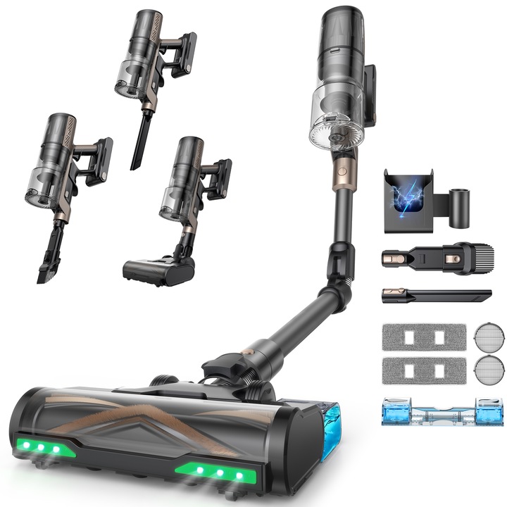 Aspirator vertical fara fir Proscenic P20 OnePass, Ecran LED digital, 680 W, 70KPa, suport de perete cu incarcare, baterie detasabila 8*2000 mAh, autonomie 70 min, filtrare 99.99%, capaitate 0.85 L, rezervor apa 340 ml, perie cu iluminare LED, Negru