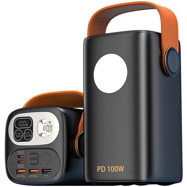 Външна батерия, Omelivon, 60000 mAh, Преносима, Индикатор за нивото на батерията, 100W двоен изход, Type C, 2 x USB-C PD, 3 x USB, QC 3.0, Двойна фенерче, Черен