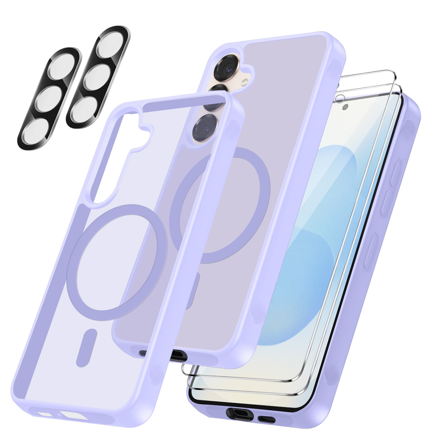 Husa compatibila cu Samsung Galaxy S25 FE 5G cu 2 folii de protectie din sticla temperata si 2 folii de protectie pentru camera, husa moale din TPU MagSafe (Violet)