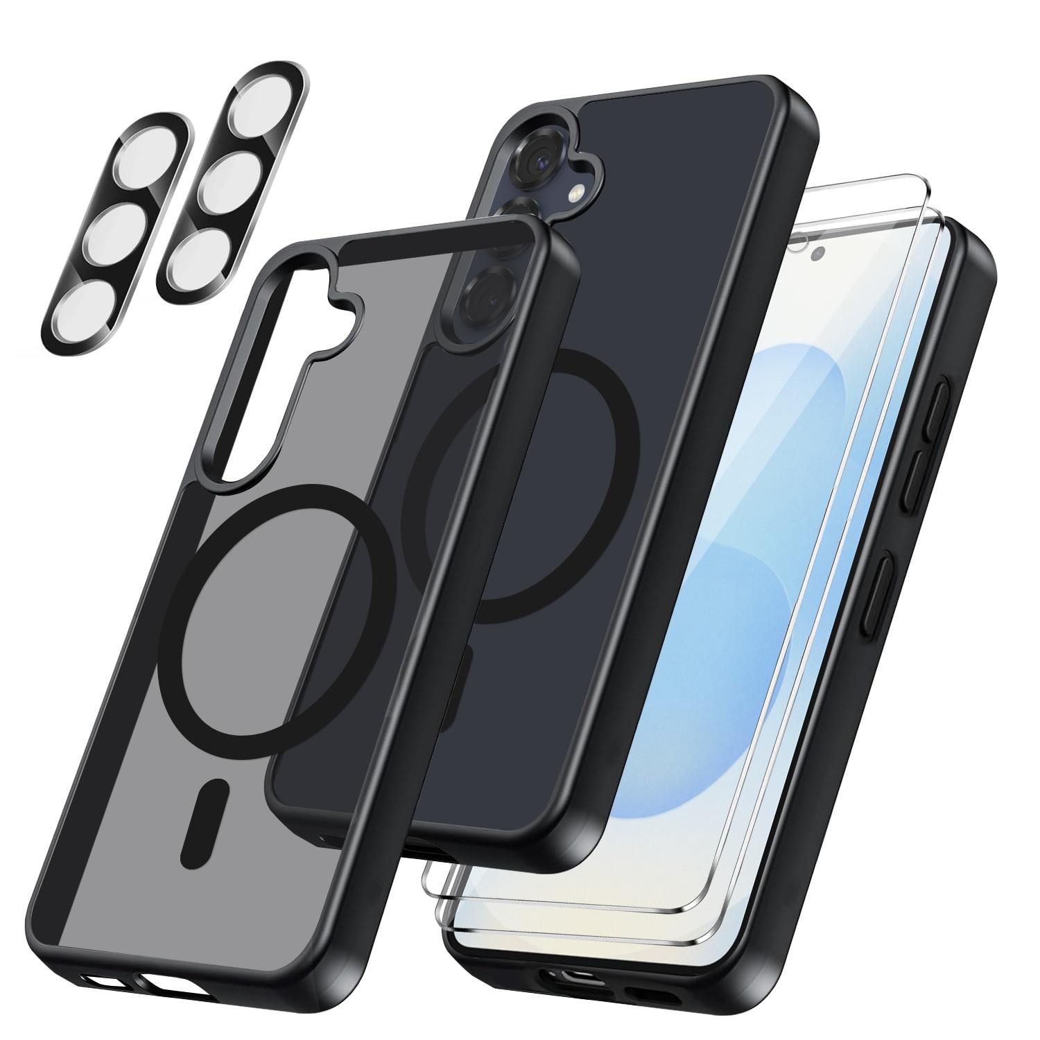 Husa compatibila cu Samsung Galaxy S25 FE 5G cu 2 folii de protectie din sticla temperata si 2 folii de protectie pentru camera, husa moale din TPU MagSafe (negru)