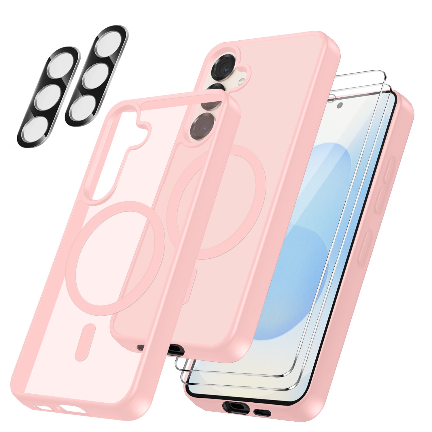 Husa compatibila cu Samsung Galaxy S25 FE 5G cu 2 folii de protectie din sticla temperata si 2 folii de protectie pentru camera, husa moale TPU MagSafe, roz