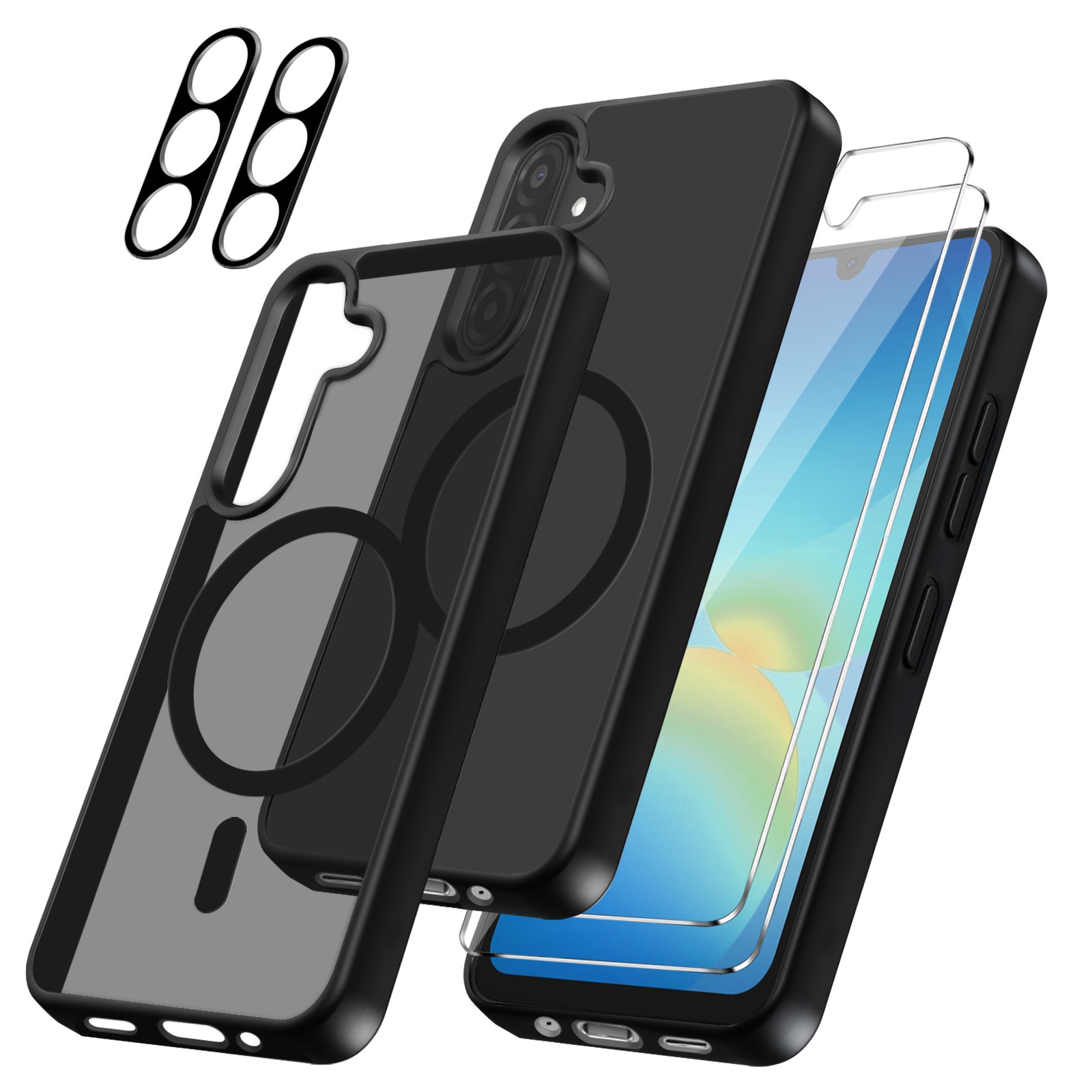 Husa compatibila cu Samsung Galaxy A17 4G / 5G cu 2 folii de protectie din sticla temperata si 2 folii de protectie pentru camera, husa moale TPU MagSafe (Negru)
