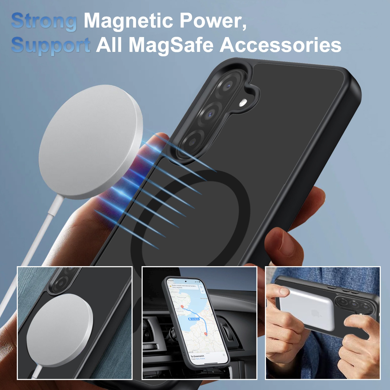 Husa compatibila cu Samsung Galaxy A17 4G / 5G cu 2 folii de protectie din sticla temperata si 2 folii de protectie pentru camera, husa moale TPU MagSafe (Negru)