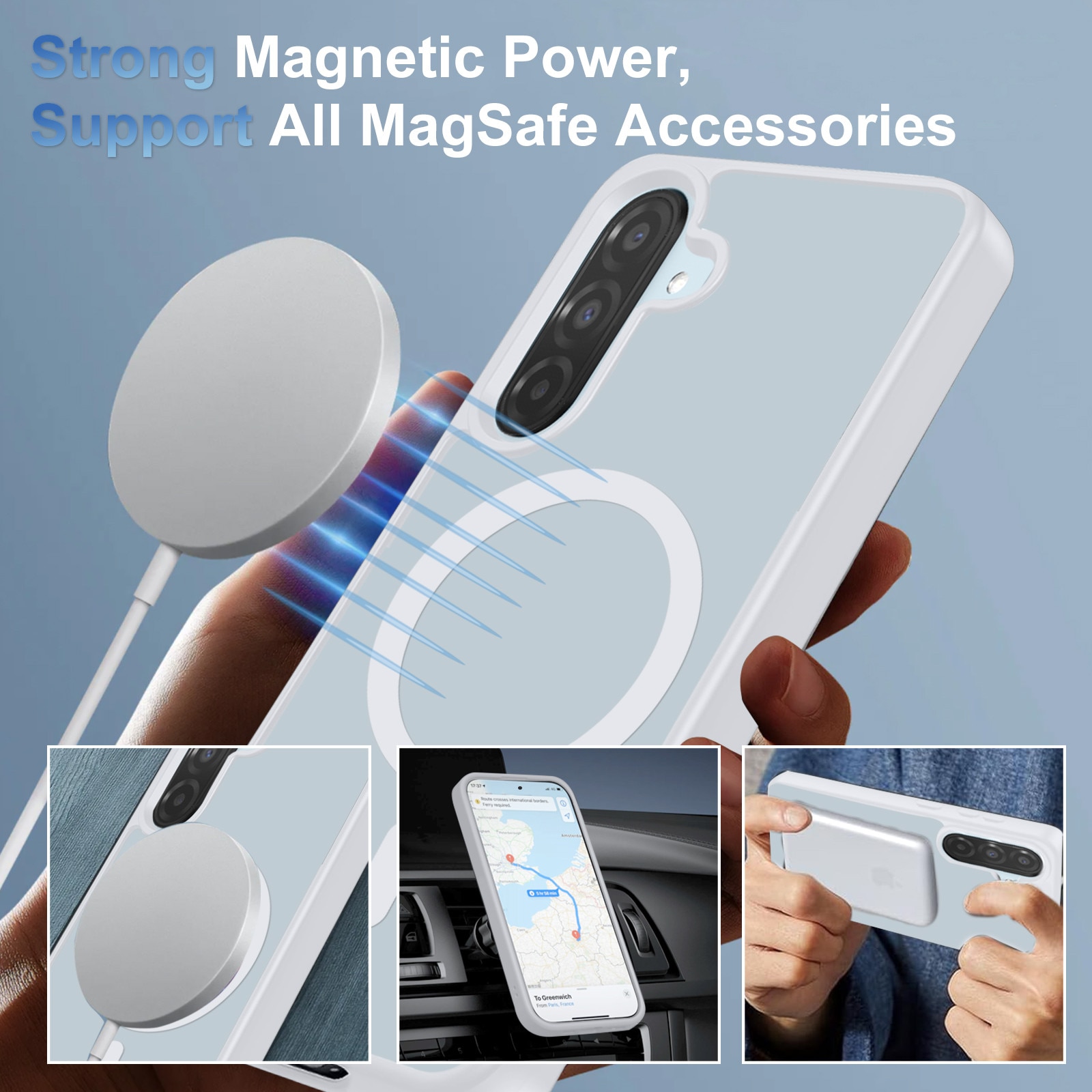 Husa compatibila cu Samsung Galaxy A17 4G / 5G cu 2 folii de protectie din sticla temperata si 2 folii de protectie pentru camera, husa moale TPU MagSafe, Alb mat