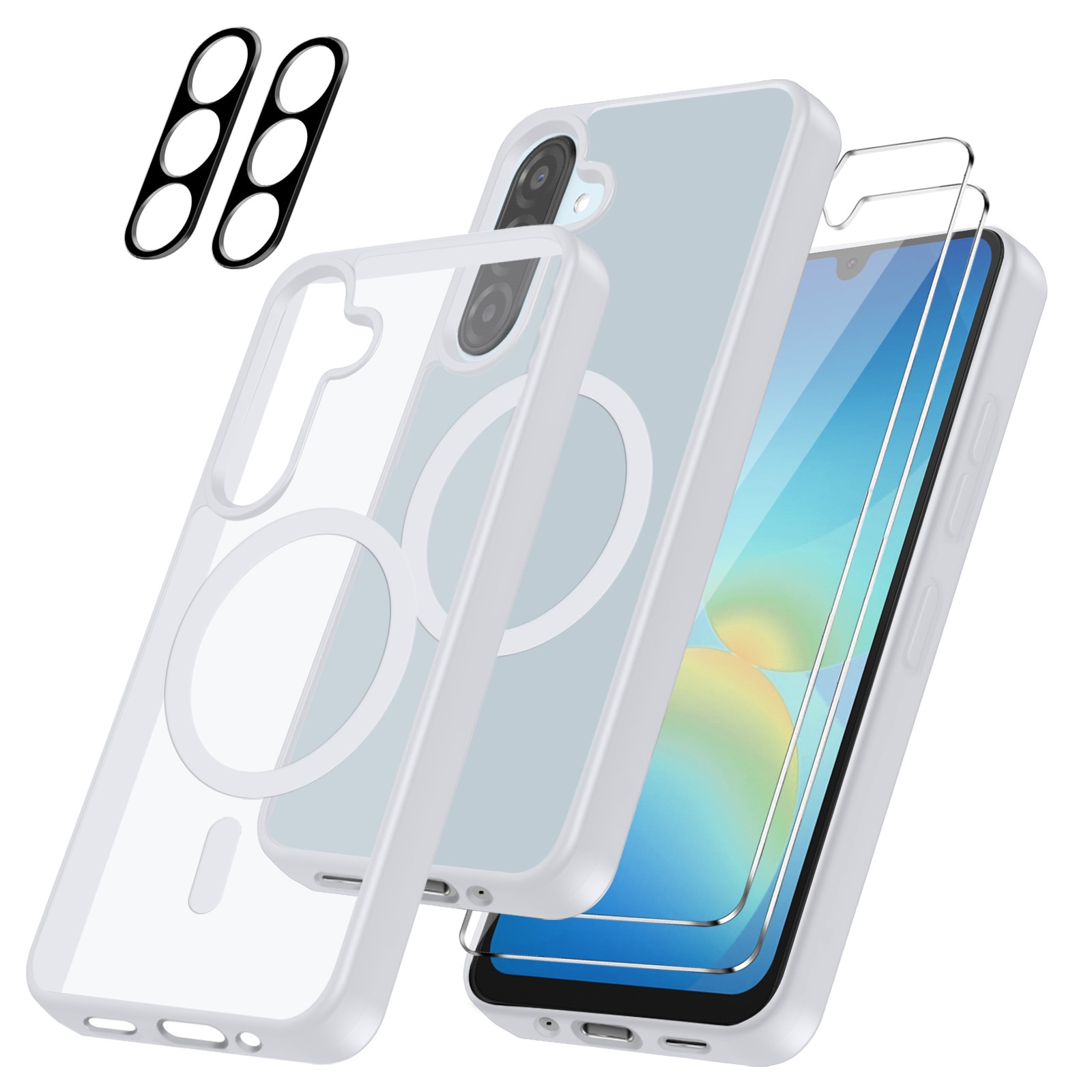 Husa compatibila cu Samsung Galaxy A17 4G / 5G cu 2 folii de protectie din sticla temperata si 2 folii de protectie pentru camera, husa moale TPU MagSafe, Alb mat