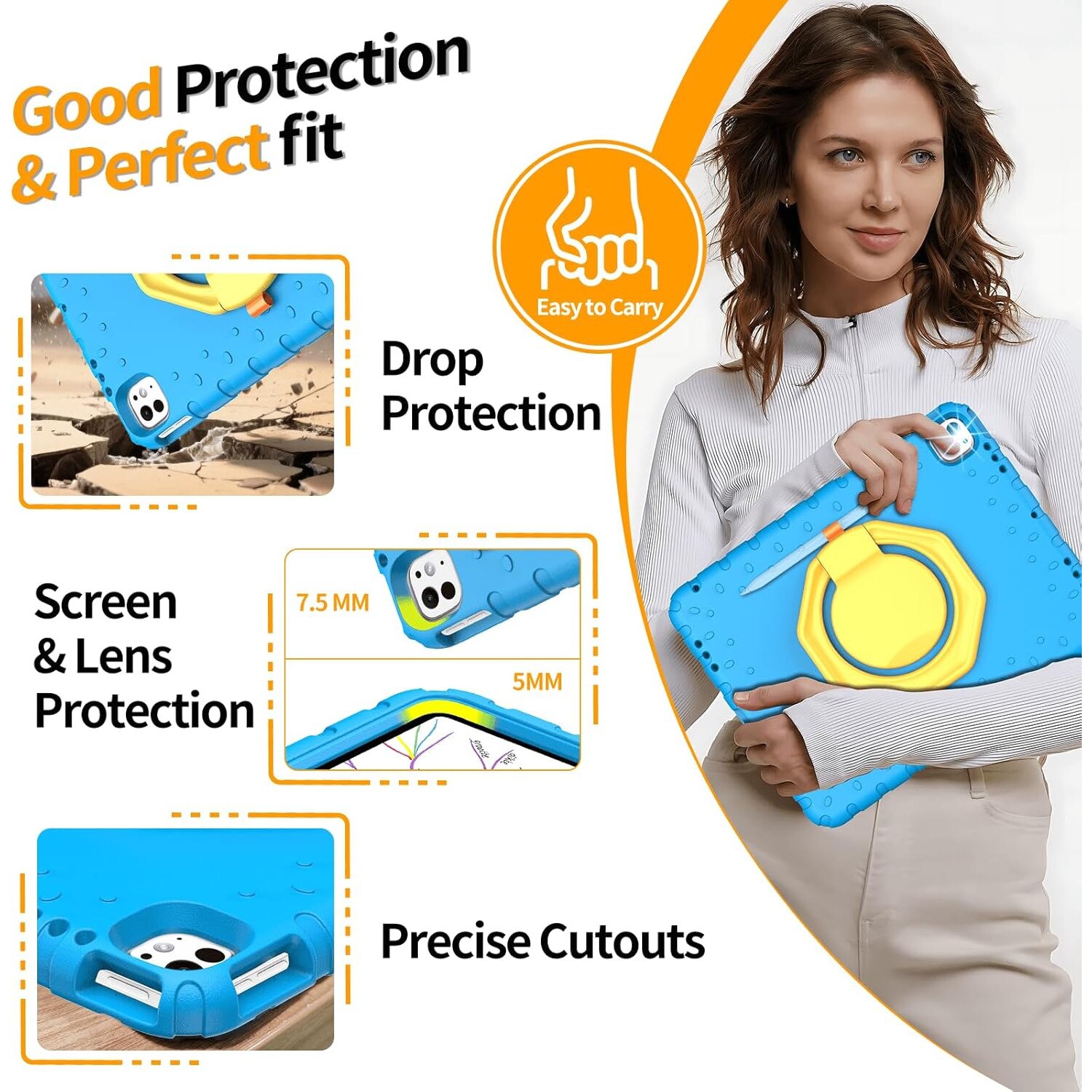 Husa Lotusif pentru iPad Pro 13 inch, spuma EVA rezistenta la socuri, suport rotativ 360, albastru