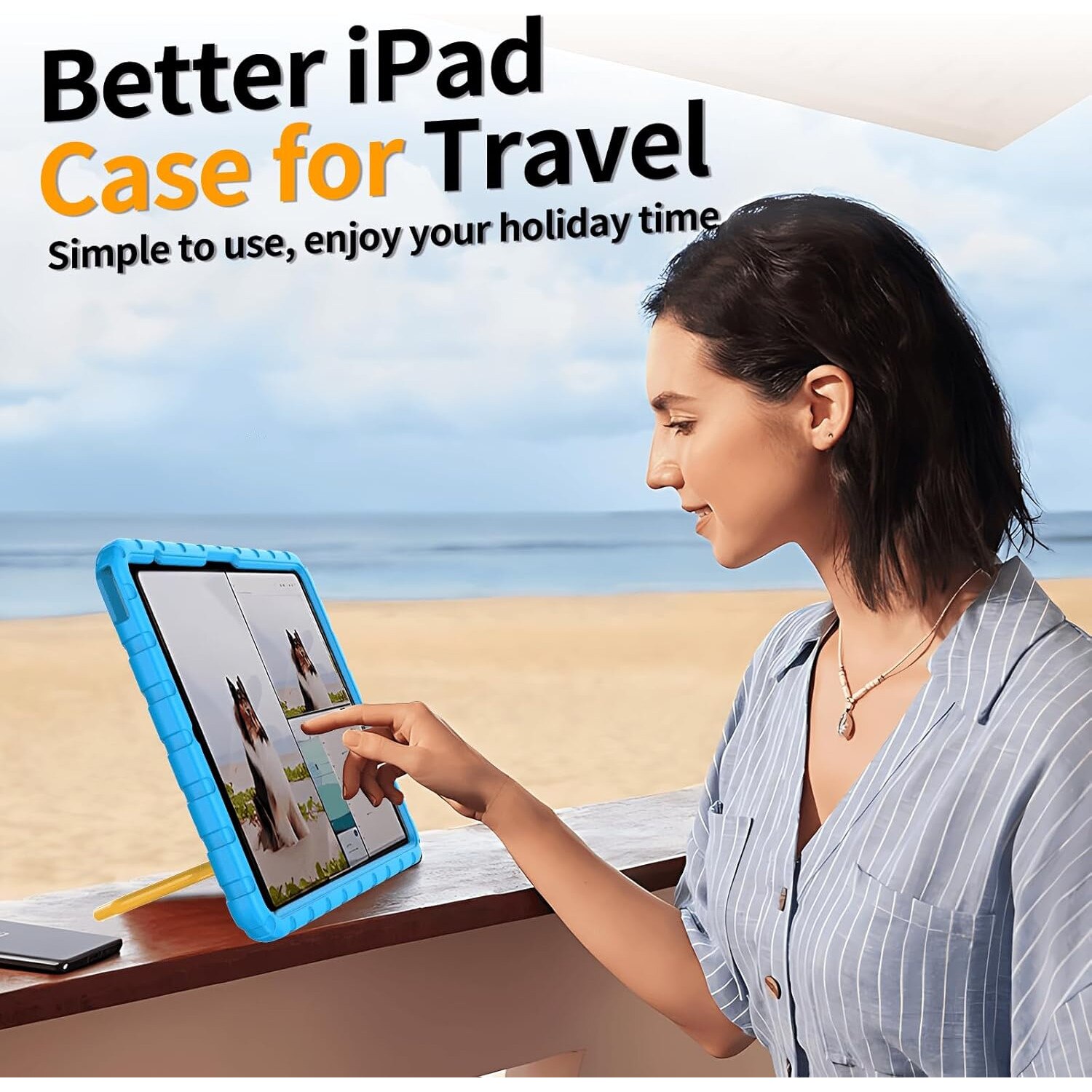 Husa Lotusif pentru iPad Pro 13 inch, spuma EVA rezistenta la socuri, suport rotativ 360, albastru