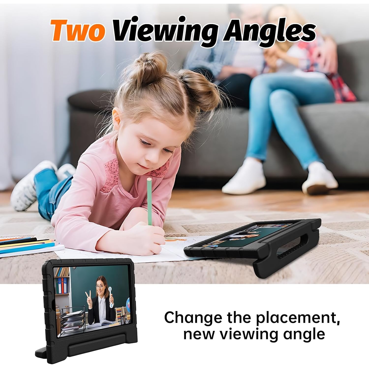 Husa Lotusif pentru tabletă, 9 inch, suport integrat, maner rabatabil, negru, pentru copii