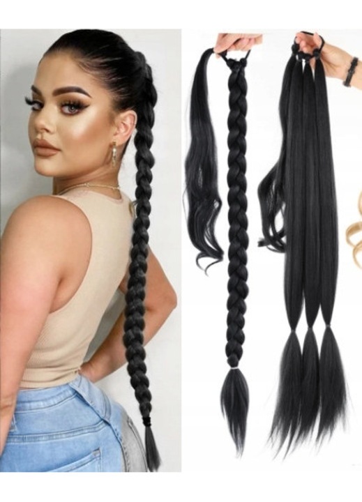 Extensie Coada de Ponei Impletita, Par Lung Sintetic, Negru