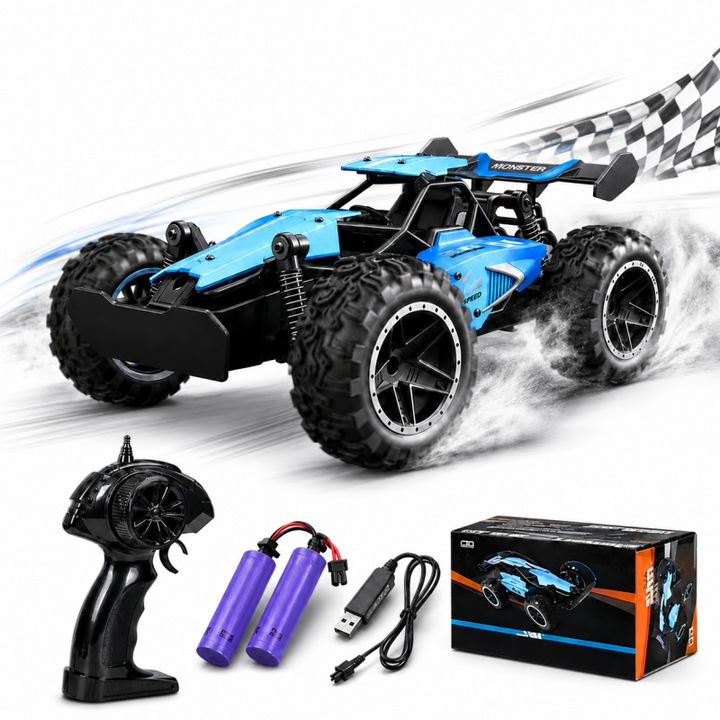 Masina cu telecomanda RC, Drift car, AjieQaQ®, Teren, iarba, nisip, masina cu drift cu piatra, 20km/h, 2.4GHz,2 Baterii, Timp de rulare 40 de minute, Suspensii Individuale, scala 1:18, 23X15X9CM, Albastru