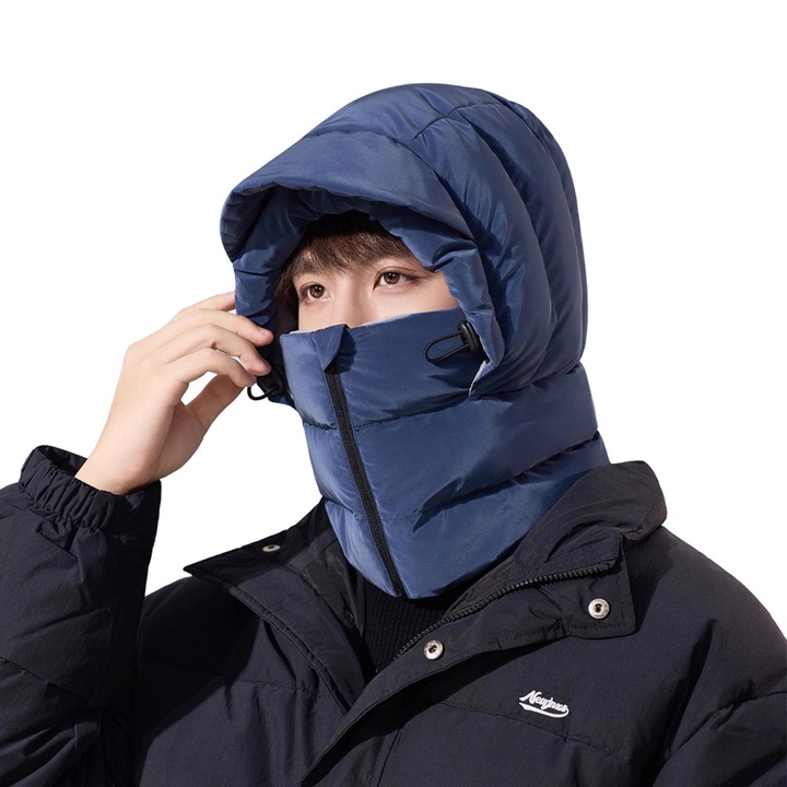 Integrált nyakmelegítő, arcmaszk, pehelysapka és fejvédő; téli kerékpározáshoz meleg, polár bélésű pehelysapka, szél- és hidegálló síkapka, sötétkék színben