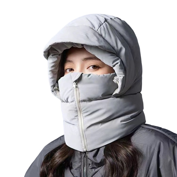 Вградена грейка за врата, маска за лице, пухена шапка и покривало за глава, зимна колоездачна топла пухена шапка с поларена подплата, ветроустойчива и студоустойчива ски шапка, светло сива