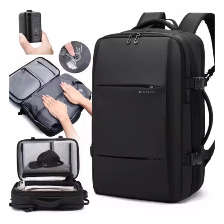 Rucsac calatorie Bange, 46x30.5x20cm, extensibil pana la 36L, negru, cu pompa de vid
