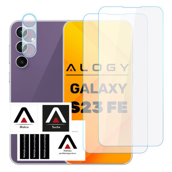 Set protectie ecran si obiectiv Alogy Pro+ 9H pentru Samsung Galaxy S23 FE, 2x sticla, 1x sticla obiectiv, 69x150mm, transparent