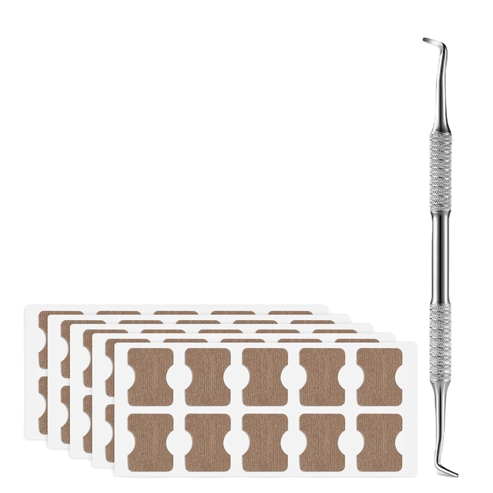 Plasture corector pentru unghii incarnate, respirabil, cu dispozitiv de ridicare a unghiilor din otel inoxidabil cu doua capete – Solutie completa pentru ingrijirea unghiilor (50 buc.)