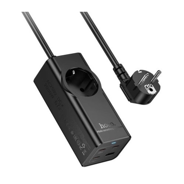 Разклонител Hoco NS9, 1x230V, 3xUSB-C, 1xUSB-A, 67W, кабел 2м, черен