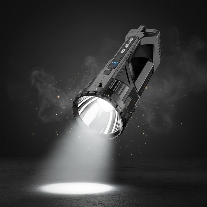 Lanterna LED cu 2 Surse de Lumina, Comando Tech, Carcasa Dura, Afisaj Digital, Capacitate 1800 mAh, IP65, 3 Moduri de Iluminare, 500lm, Raza de Actiune Pana la 200m, Putere 5W, Autonomie pana la 24h, Dimensiuni 23x10x10 cm, Negru oxid