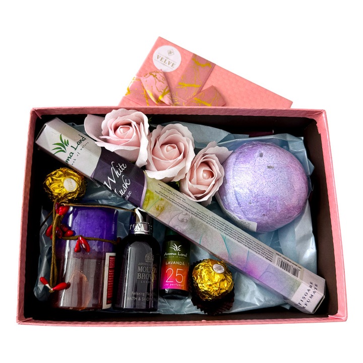 Set cadou Relax Time, cu gel de dus, praline, bomba de baie, lumanare, ulei si betisoare parfumate, Velve