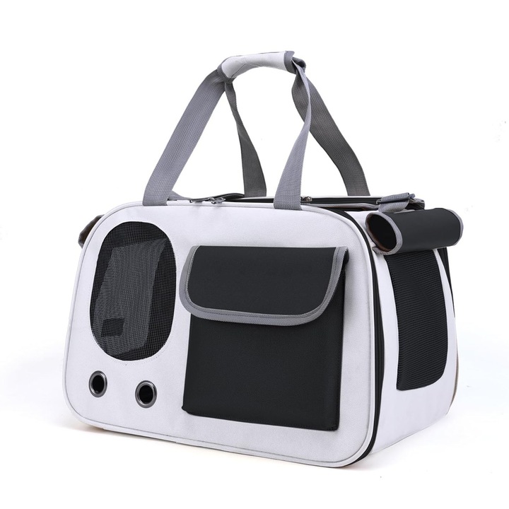 Geantă transport animale mici, Asskanaer, pliabilă, impermeabilă, neagră / alba, 45x26x28cm