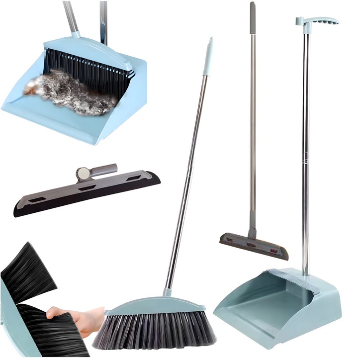 Set Curatenie 3 in 1, Matura Coada Lunga, Faras cu Dinti, Colectare Usoara, Racleta Geamuri, Perii Sintetici, Gri