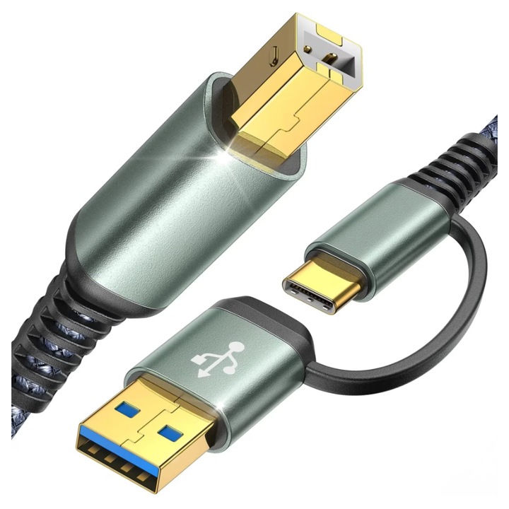Cablu Imprimanta Timebox USB si, Lungime 2m, USB-C la USB-B 2.0, 2 in 1, 480 Mbps, Conectori Placati cu Aur, Nylon Premium, Compatibilitate Universala, Design Gri Elegant, green