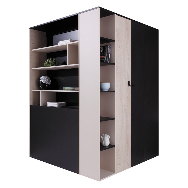 Dulap Legimi LG01 L / P, MIRJAN 24, negru / stejar + bej, 135x135x190 cm