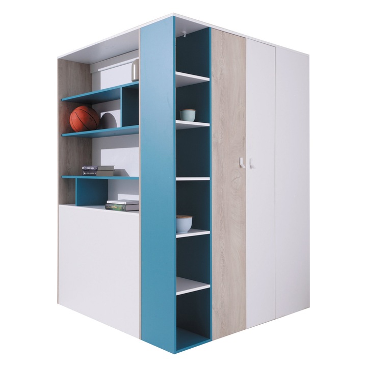 Dulap Legimi LG01 L / P, MIRJAN 24, alb / stejar + albastru, 135x135x190 cm