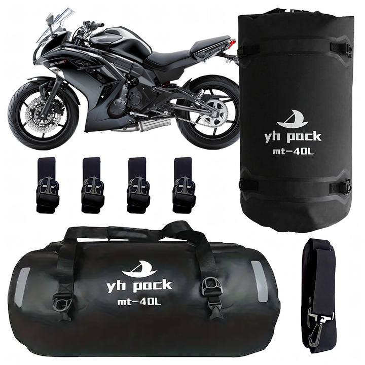 Geanta Moto Multifunctionala, Capacitate de 40L, din PVC, Impermeabila, pentru Motocicleta si Bicicleta, 55 x 30cm, Negru