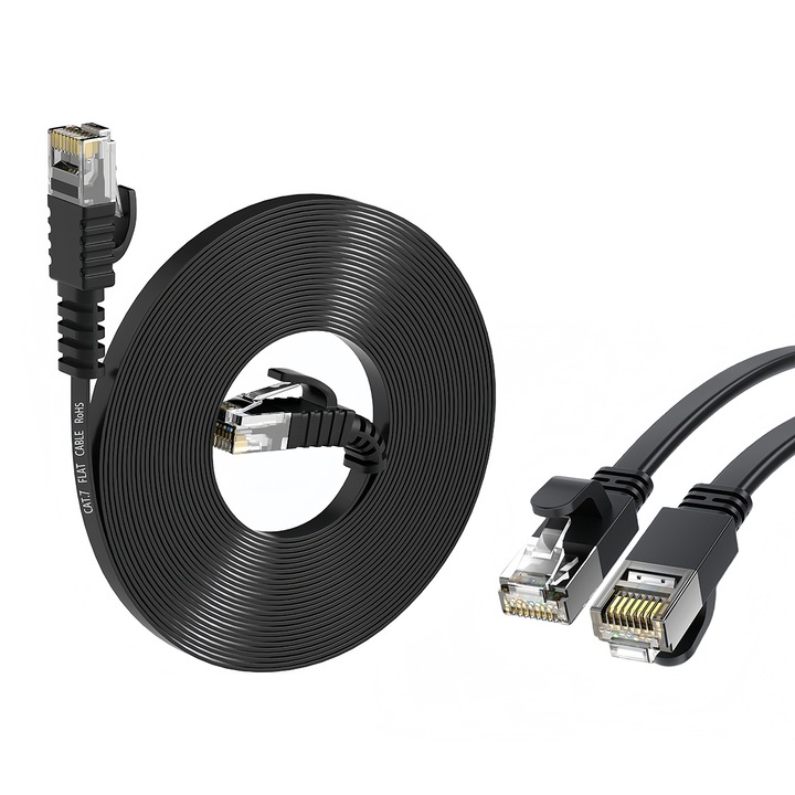 Мрежови кабел CAT7 Плосък, 10м, 10Gbps, Черен, 8x7 безкислородна мед