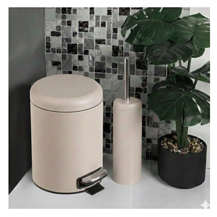 Set accesorii baie, cos de gunoi metalic 5L cu pedala, perie WC cu capac metalic, bej mat, 20X29 cm