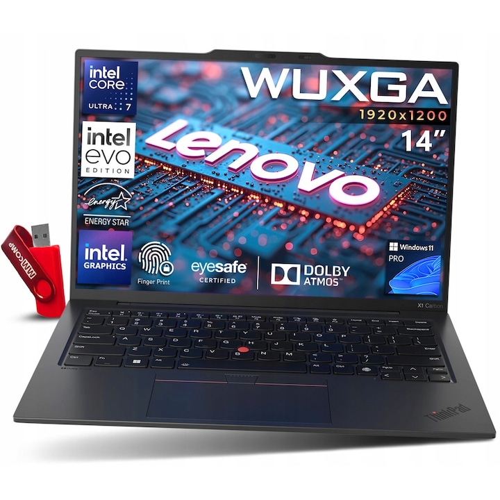 Pachet promo: Laptop Lenovo ThinkPad X1 Carbon G13, Intel Core Ultra 7 265U, 64GB 4TB SSD, 14" WUXGA 1920 x1200, LPDDR5, LPDDR5, Intel Graphics, 12MB Cache + Geanta laptop, Lenovo, 15.6'', Negru