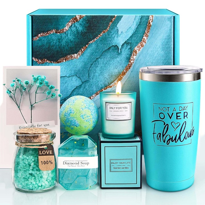 Спа подаръчен комплект за жени, Rqiurpn, 5 части, Включва изолиран термос, сапун, бомбичка за вана, сол за вана, ароматизирана свещ, Син, Опакован в елегантна опаковка, За нея, майка, приятелка, съпруга, дъщеря, сестра, кръстница, учителка