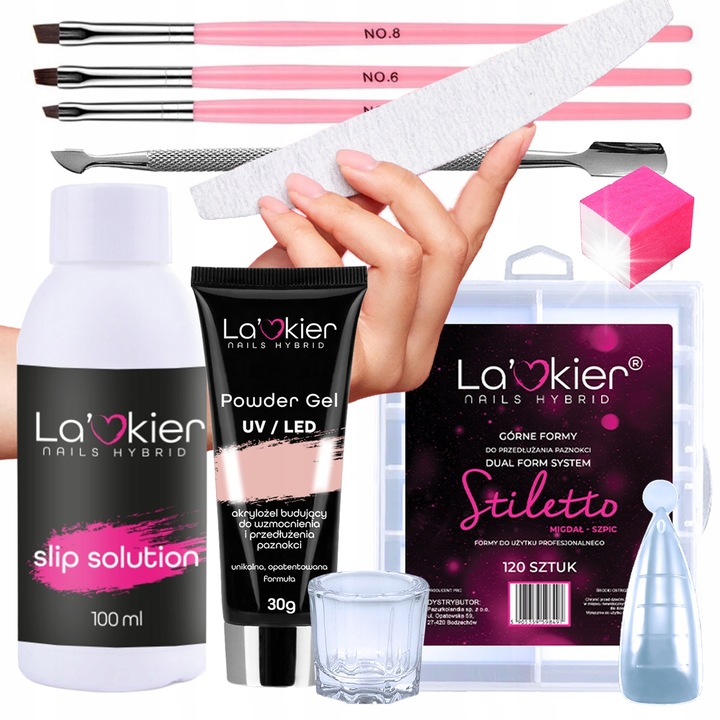 Комплект гел за изграждане Lakier, 30мл, разтвор за приплъзване 100мл, четки #4, #6, #8, пила 100/180