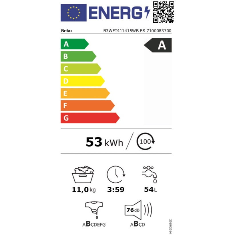 Masina de spalat rufe Beko B3WFT411415WBES, Clasa A,EnergySpin, SteamCure, 11 kg, 1400rpm, Alb