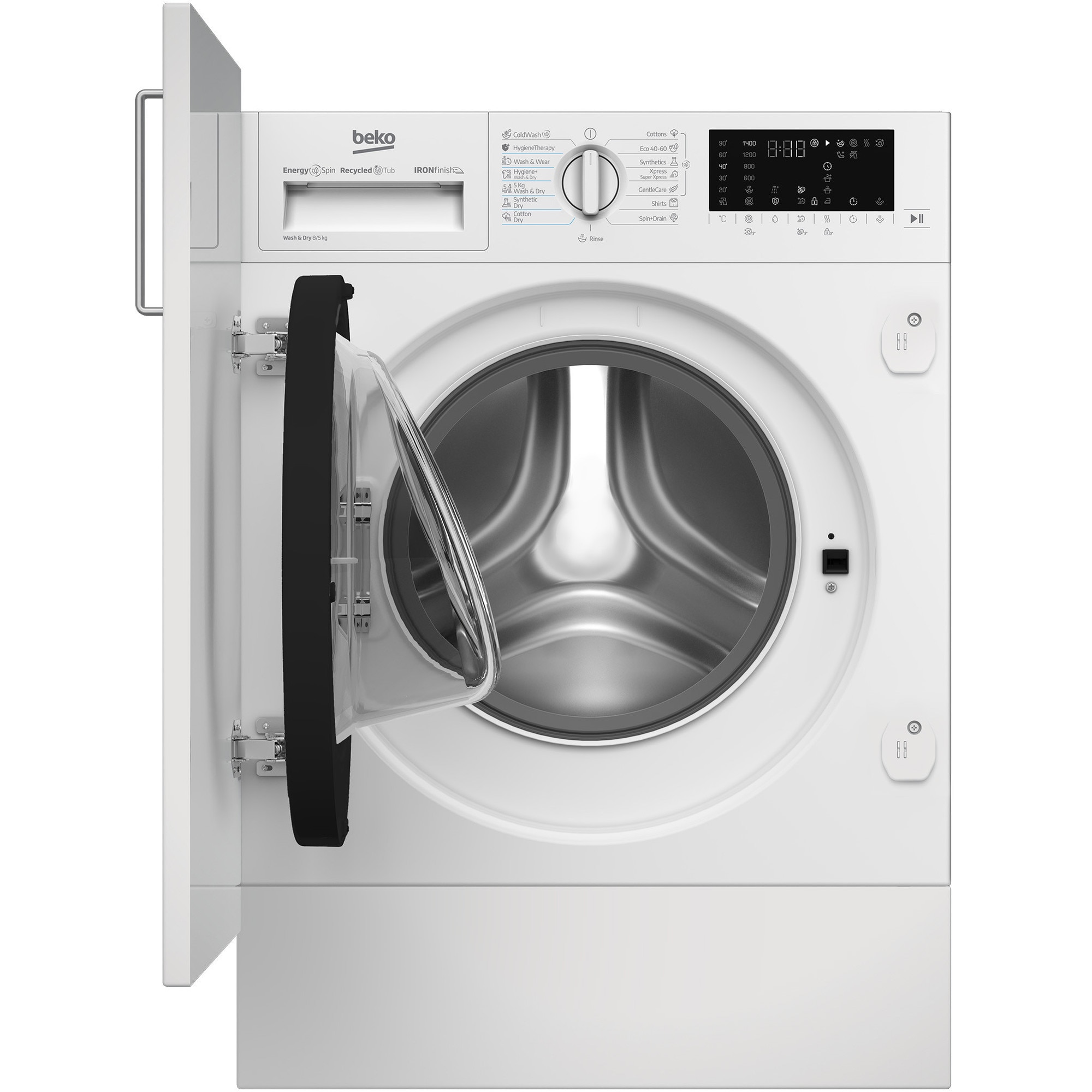 Masina de spalat rufe incorporabila cu uscator Beko B5DBT68547W, Clasa D, IronFinish, 8/5 kg, 1400rpm, Alb