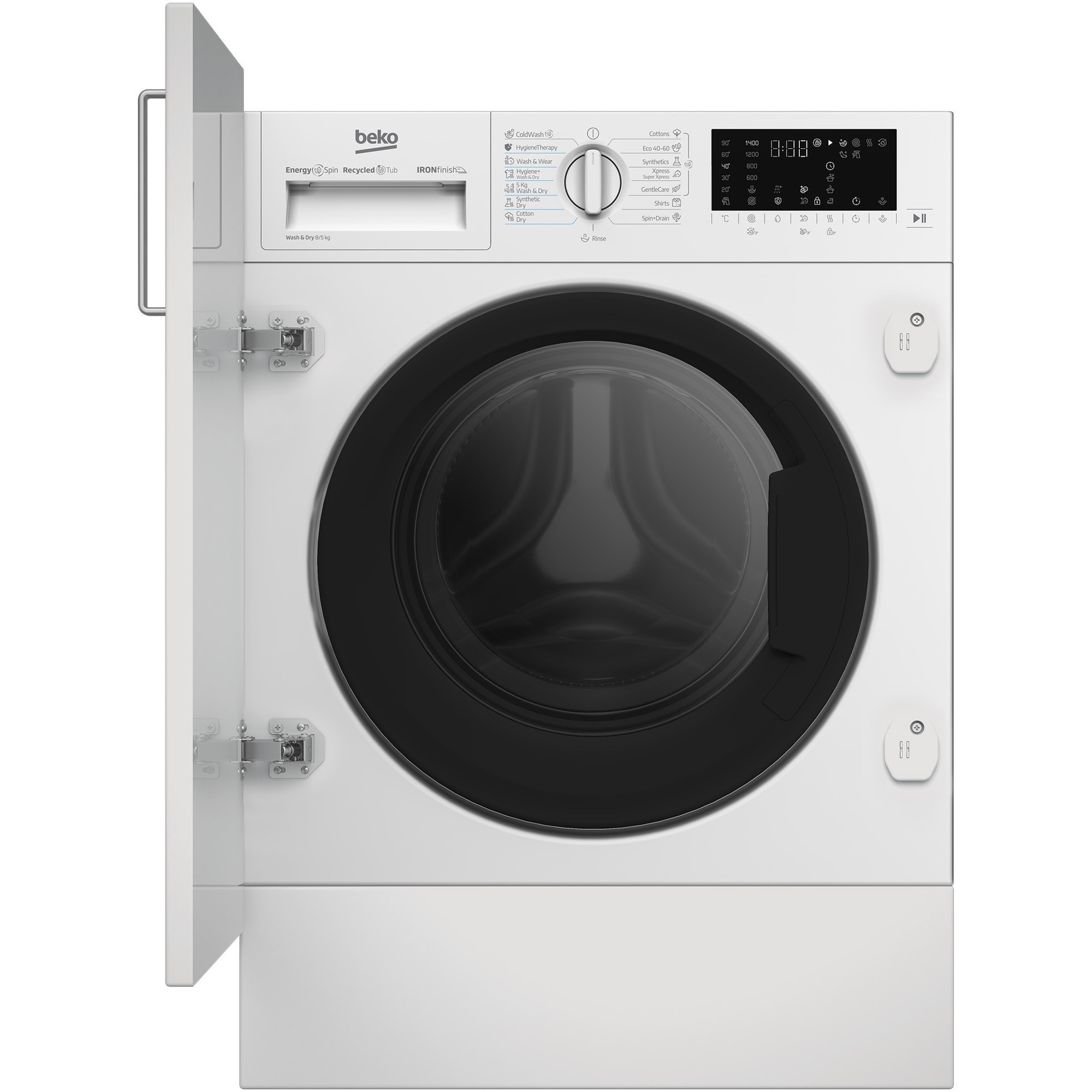 Masina de spalat rufe incorporabila cu uscator Beko B5DBT68547W, Clasa D, IronFinish, 8/5 kg, 1400rpm, Alb