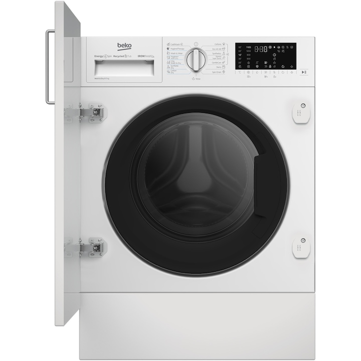 Пералня със сушилня за вграждане Beko B5DBT68547W, Клас D, IronFinish, 8/5 кг, 1400 об/мин, Бял