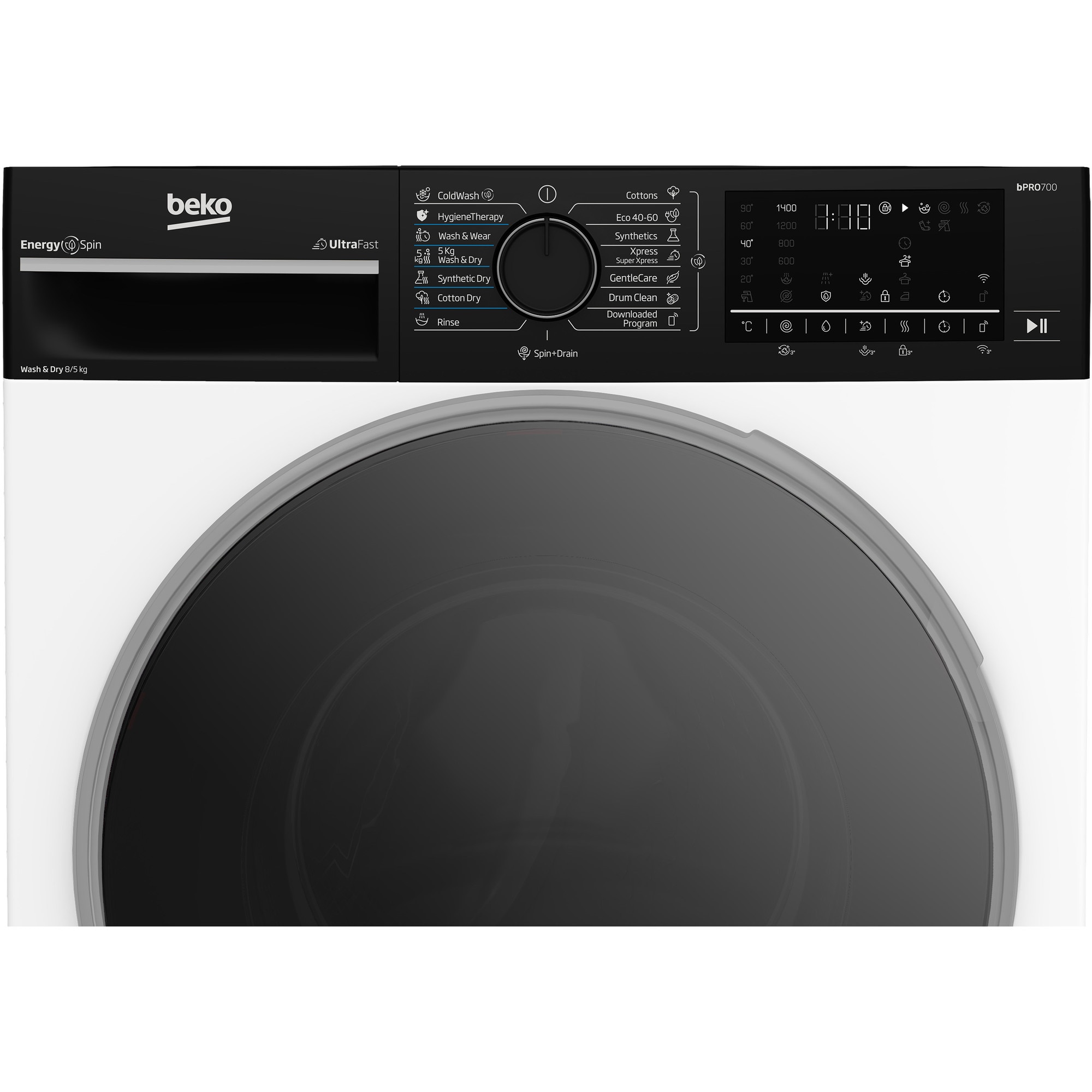 Masina de spalat rufe cu uscator Beko B7DFT68442WBPB ES, Clasa D, EnergySpin, 8/5 kg, 1400rpm, HomeWhiz, Alb