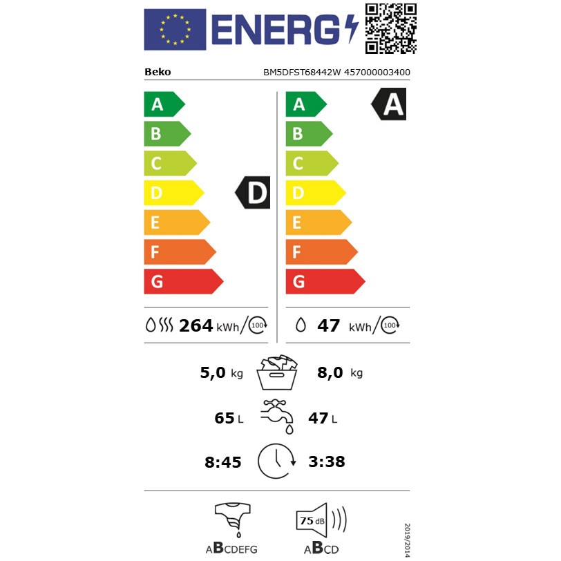 Masina de spalat rufe cu uscator BEKO BM5DFST68442W, Clasa D, SteamCure, 8/5 kg, 1400 rpm, Alb