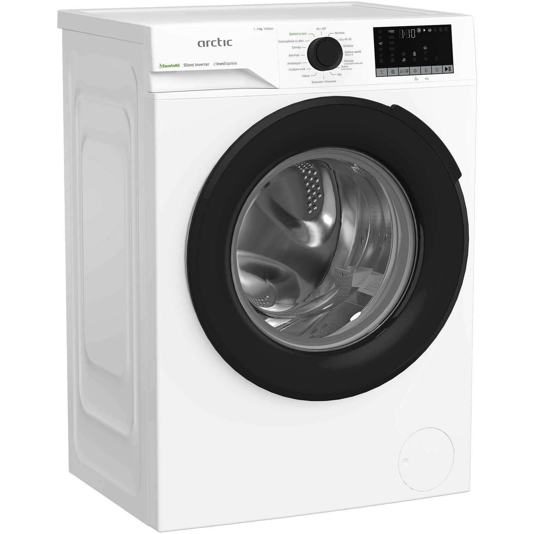 Masina de spalat rufe Arctic APLM2WFST211412W, Clasa A, 11 kg, 1400 RPM, Child Lock, Display LCD, SaveInAll, Alb