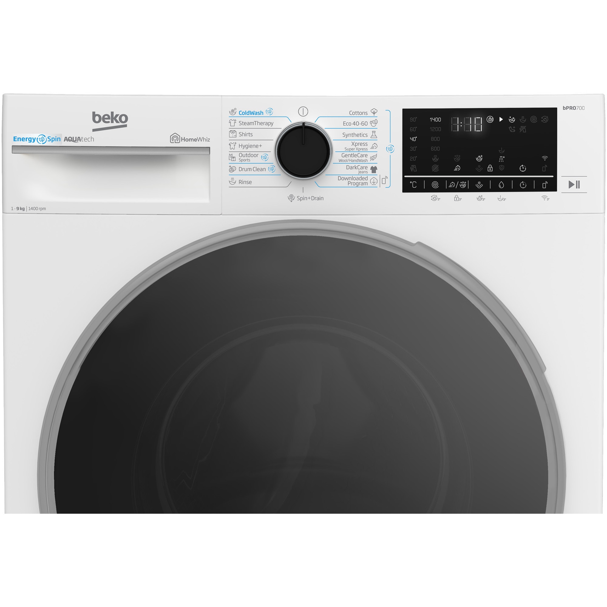 Masina de spalat rufe Beko B7WFU69418WB2ES, 9 kg, 15 programe, 1400 RPM, Clasa A, EnergySpin, Child Lock, Alb