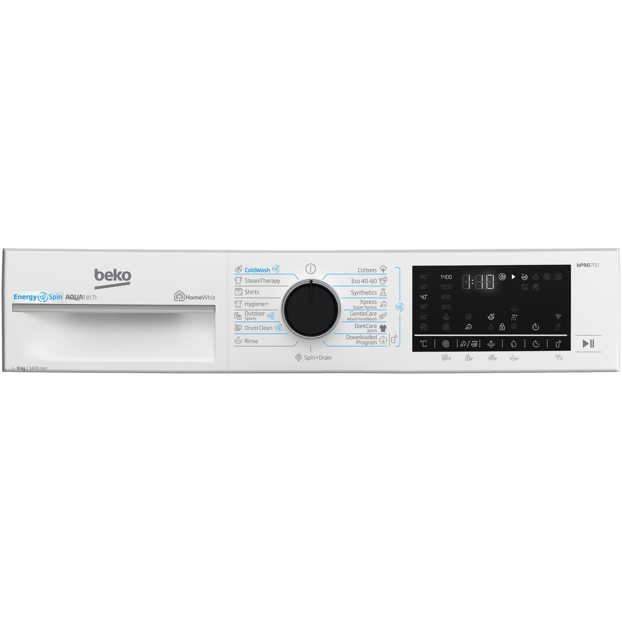 Masina de spalat rufe Beko B7WFU69418WB2ES, 9 kg, 15 programe, 1400 RPM, Clasa A, EnergySpin, Child Lock, Alb