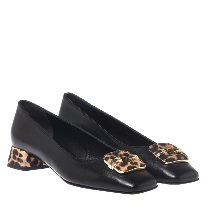 Baldinini, Pantofi de piele cu varf patrat si detalii animal print, Negru/Crem