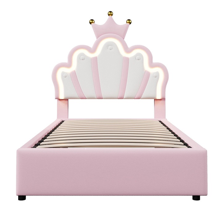 Pat tapitat hidraulic, 90x200cm, cu banda LED, tablie de pat reglabila, pat Princess in forma de coroana, poliuretan, roz, fara saltea