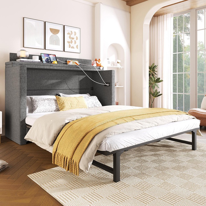 Pat flexibil 140x200cm cu USB-C, sertar si compartiment, lenjerie, gri