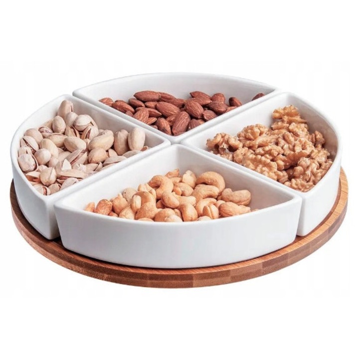 Set 4 boluri portelan cu suport bambus, 25, 5 cm, pentru aperitive, design modern, alb crem