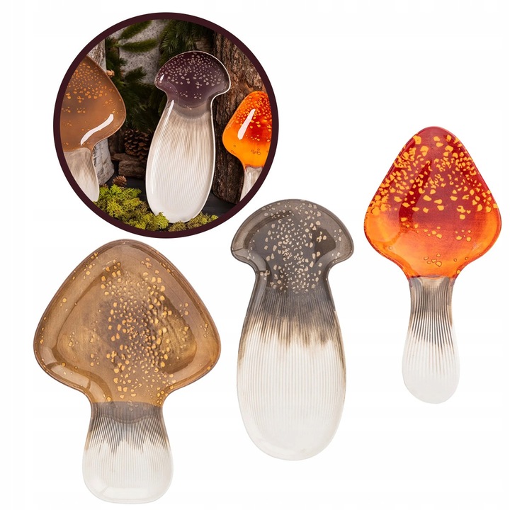 Set 3 platouri ceramice Altom Design "Sub Palarie", design ciuperci, 23x11cm, 33.5x16cm, 32x22.5cm