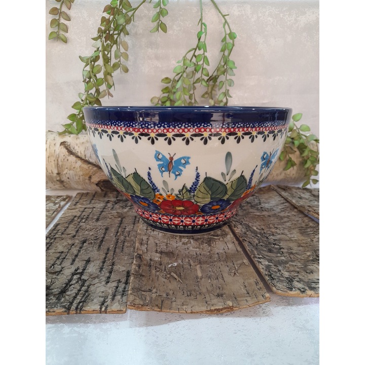 Salateră ceramică Bolesławiec, model 1262/149/1, 2 litri, 12x21cm, decorată