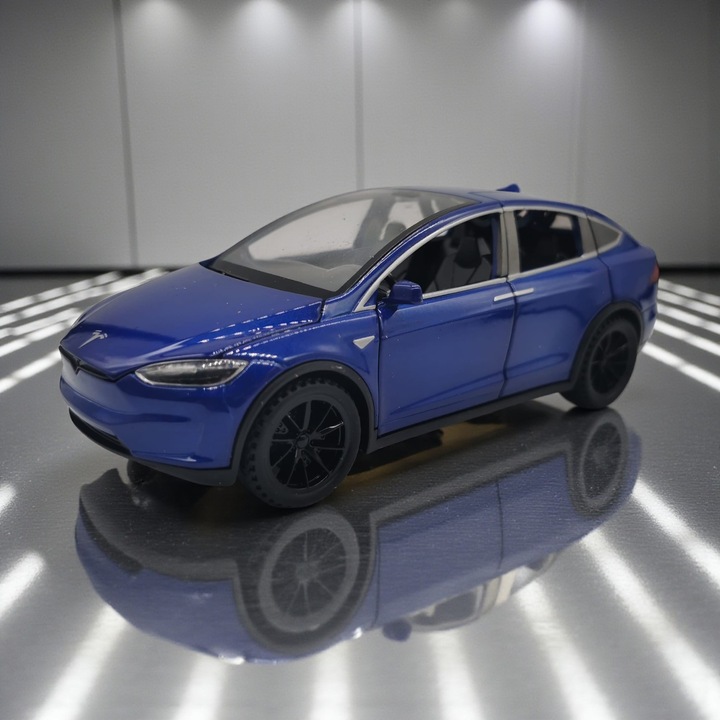 Fém autómodell, Tesla Model X, 1:28. Fények, Hangok, Visszahúzható, Felfelé nyíló ajtók, motorháztető és csomagtartó, Kék, 17cm